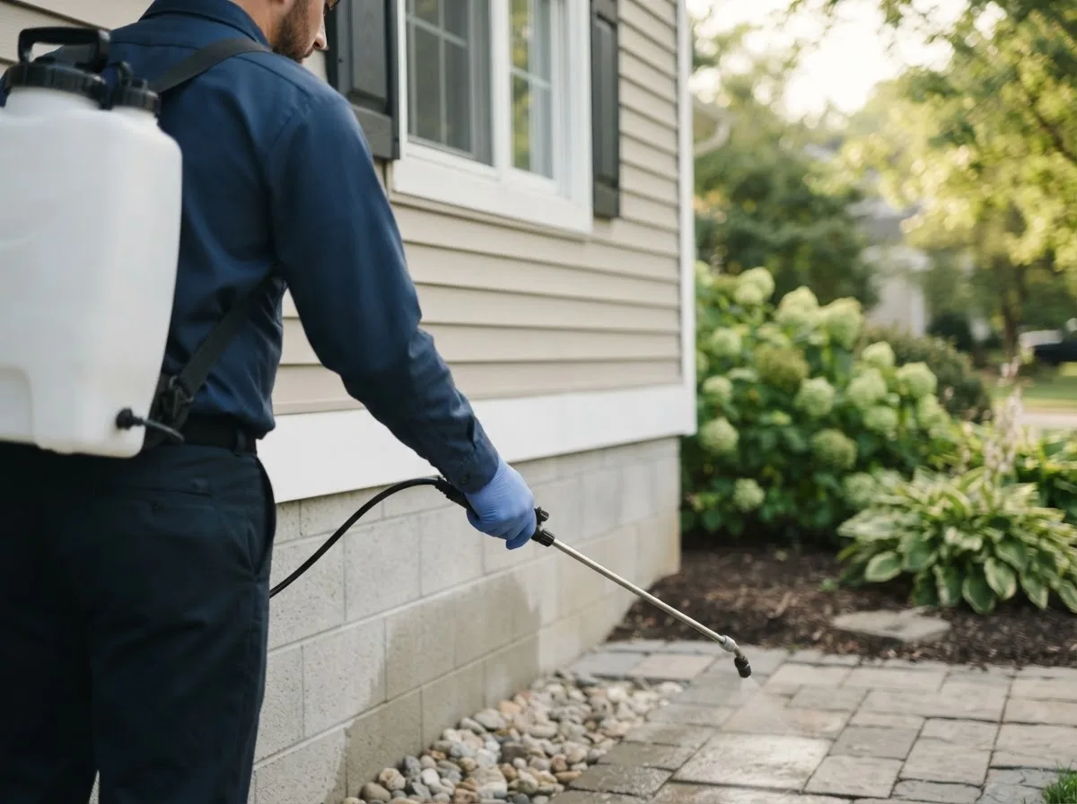 Pest control technician inspecting a home in Tremont City, OH